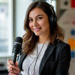 Retrato de Sofía Rodríguez, productora de contenido de Yara Peak, con audífonos y micrófono en un entorno de oficina creativo.