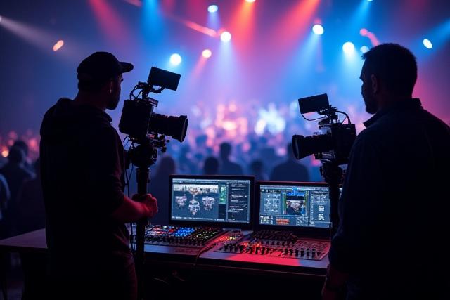 Un equipo de producción manejando cámaras y consolas para una transmisión en vivo.